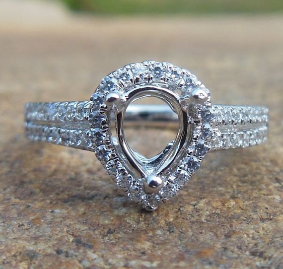 14K White Gold Pear Cut Diamond Halo Semi Mount Engagement Ring
