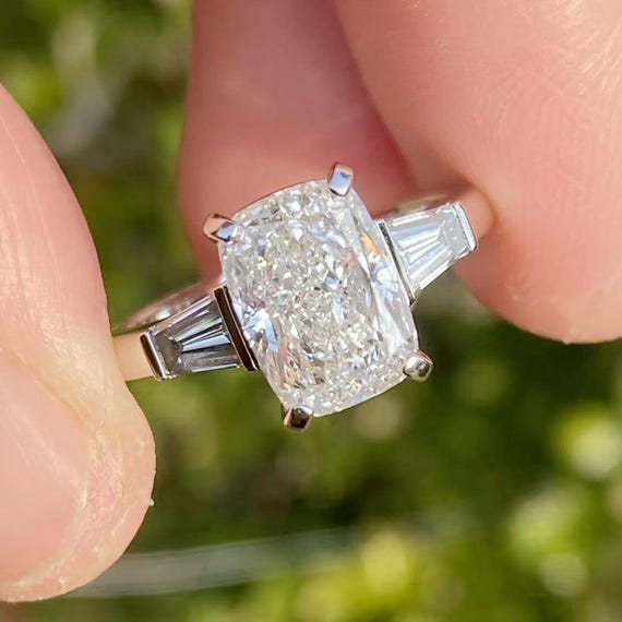 14K White Gold Baguette Engagement Ring Semi Mount: Three Stone Setting