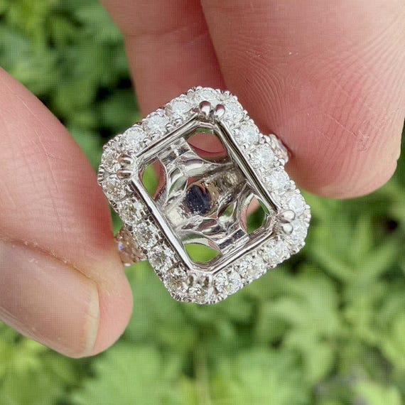 14K White Gold 6x9mm Emerald Cut Engagement Ring Setting, Semi Mount Engagement Ring