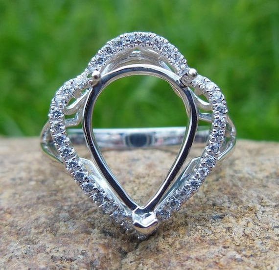 14K White Gold Pear Halo Ring Semi Mount, Diamond Accent