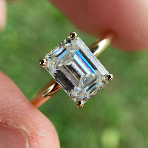 Emerald Cut Moissanite Ring: 14K Yellow Gold Hidden Halo Solitaire