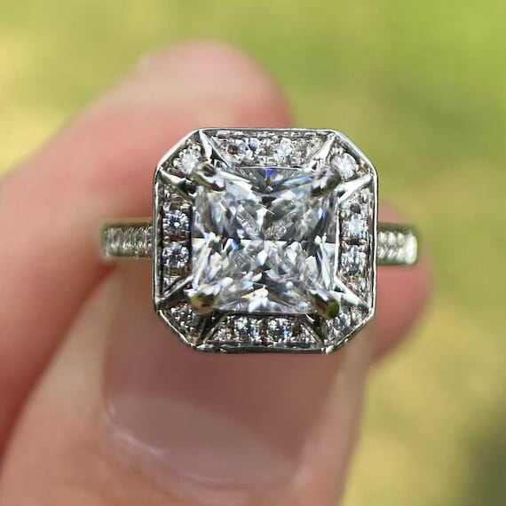 14k Gold Cushion Cut Diamond Halo Ring: Thin Band Engagement Ring