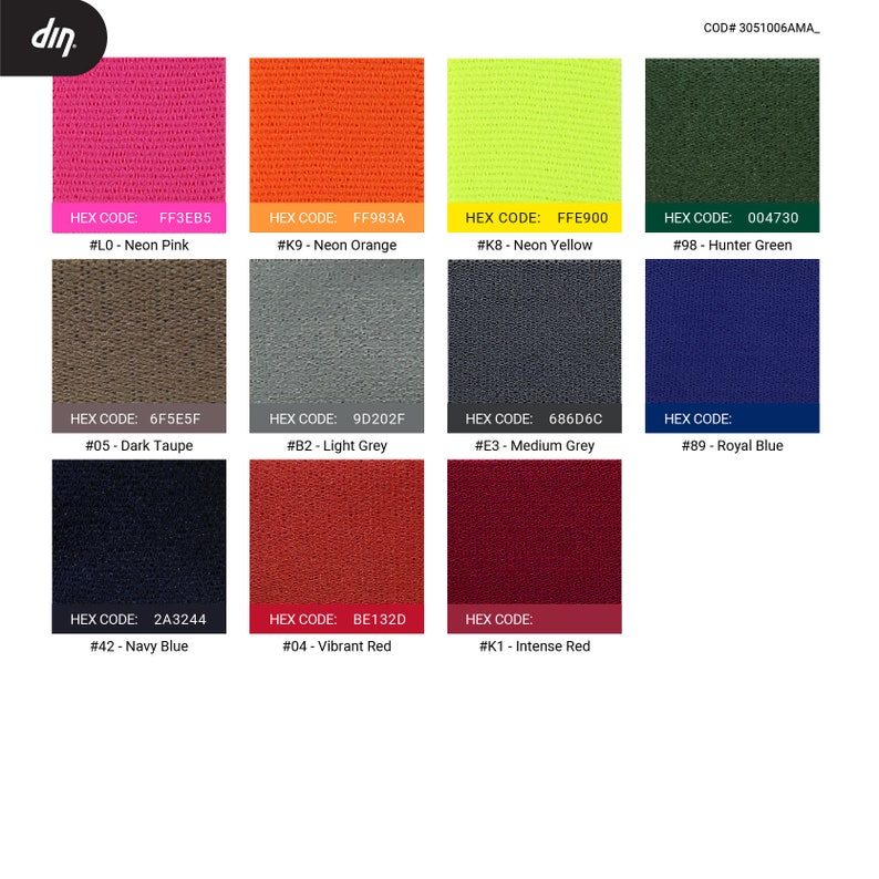May include: A colour chart with 12 fabric swatches, each with a hex code and a description. The colours include neon pink, neon orange, neon yellow, hunter green, dark taupe, light grey, medium grey, royal blue, navy blue, vibrant red, and intense red.