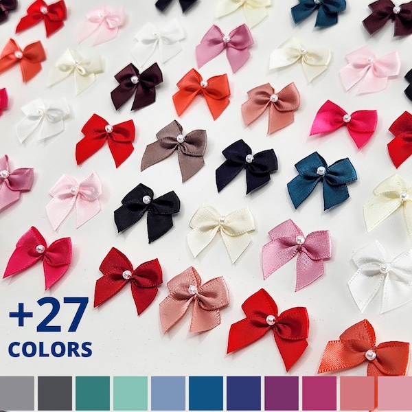 Satin Bows with pearls, 1 inch, 10 pcs. Mini satin bows with plastic pearl-like bead sewn in middle.