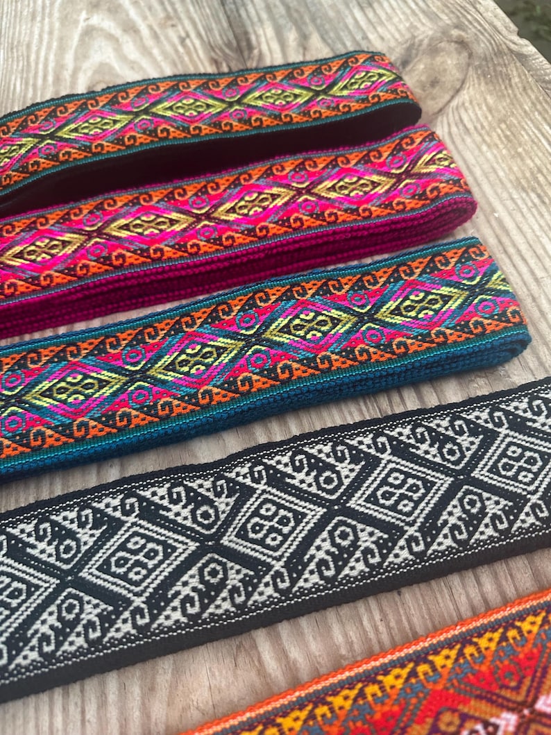 Woven Ribbon Trim 2 1/3 Inch Width (6cm), Sturdy Multicolor Ethnic Trim, Woven in Ecuador, 85 Inch (216cm), Woven Boho Belt, Sash, Bag Strap image 3