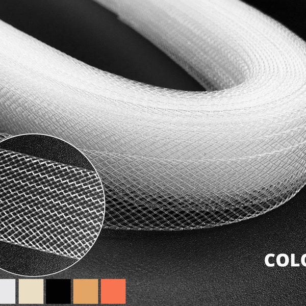 Horsehair braid, stiff style, 3/4” or 20mm, crinoline mesh netting. 100% polyester. Stiff horsehair braid.