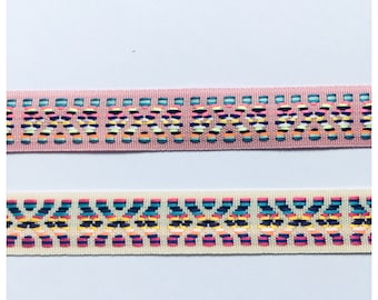 Woven ribbon ethnic multicolor white and pink colors 18 mm (0.70in)