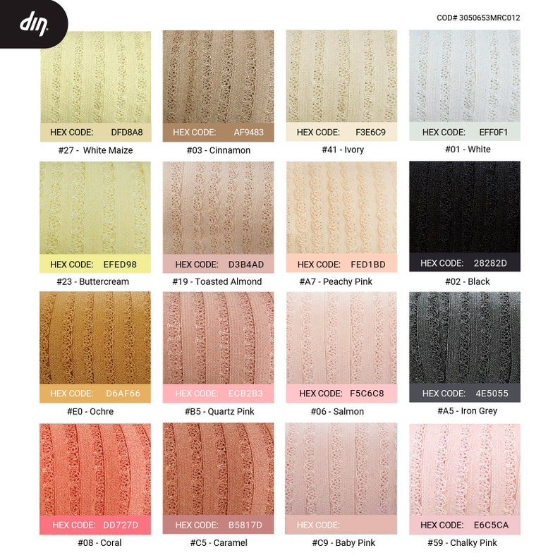 May include: A color chart with 12 different fabric swatches. The swatches are arranged in a grid of four rows and three columns. Each swatch has a different color and a corresponding hex code and description. The colors include white maize, cinnamon, ivory, buttercream, toasted almond, peachy pink, black, ochre, quartz pink, salmon, iron grey, coral, caramel, baby pink, and chalky pink.