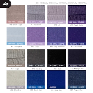 Peut inclure: Un nuancier de 12 &eacute;chantillons de tissu diff&eacute;rents. Les &eacute;chantillons sont dispos&eacute;s en grille de quatre rang&eacute;es et trois colonnes. Chaque &eacute;chantillon porte un nom de couleur et un code hexad&eacute;cimal. Les couleurs comprennent le taupe chaud, la lavande, le lilas, l'orchid&eacute;e pourpre, le bleu givr&eacute;, le chardon, le bleu periwinkle fonc&eacute;, le violet bleu, le taupe, le gris fer, le noir, le bleu nuit, le gris argent, le bleu cobalt, le bleu royal et le bleu &eacute;g&eacute;en.