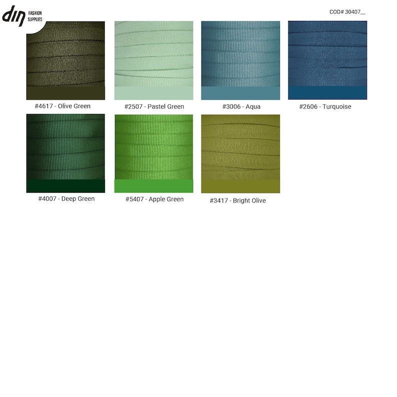 May include: A chart showing different shades of green, blue, and turquoise ribbon. The ribbon colors are labeled with their corresponding color codes and names. The chart is labeled with the text "COD# 30407_" at the top.