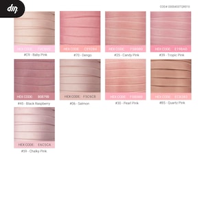 May include: A chart of pink color swatches with hex codes and names for each color. The colors range from light pink to dark pink. The names include Baby Pink, Dengo, Candy Pink, Tropic Pink, Black Raspberry, Salmon, Pearl Pink, and Quartz Pink.