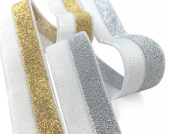 Fold-Over Elastic Shiny Metallic Mittleres Gewicht, 5/8 "oder 16mm - 5 Meter - FOE mit Lurex - Gold - Silber