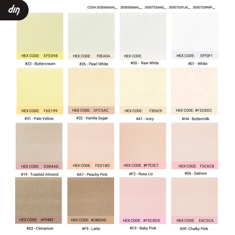 Peut inclure: Un nuancier de 12 teintes de peinture diff&eacute;rentes, dont Buttermilk, Peachy Pink et Chalky Pink. Le nuancier est &eacute;tiquet&eacute; avec le code hexad&eacute;cimal et le nom de chaque couleur.