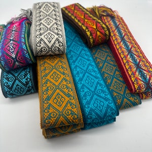Woven Ribbon Trim 2 1/3 Inch Width (6cm), Sturdy Multicolor Ethnic Trim, Woven in Ecuador, 85 Inch (216cm), Woven Boho Belt, Sash, Bag Strap