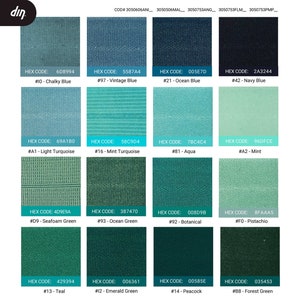 Peut inclure: Un nuancier de 12 nuances de bleu et de vert diff&eacute;rentes. Les couleurs sont &eacute;tiquet&eacute;es avec leurs codes hexad&eacute;cimaux et leurs noms, tels que "Bleu crayeux", "Bleu vintage", "Bleu oc&eacute;an", "Turquoise clair", "Turquoise menthe", "Aqua", "Menthe", "Vert mousse", "Vert oc&eacute;an", "Botanique", "Pistache", "Sarcelle", "Vert &eacute;meraude", "Paon" et "Vert for&ecirc;t".