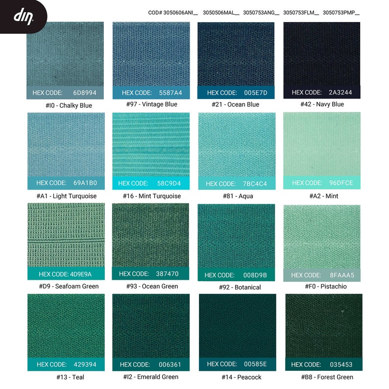 Peut inclure: Un nuancier de 12 nuances de bleu et de vert diff&eacute;rentes. Les couleurs sont &eacute;tiquet&eacute;es avec leurs codes hexad&eacute;cimaux et leurs noms, tels que "Bleu crayeux", "Bleu vintage", "Bleu oc&eacute;an", "Turquoise clair", "Turquoise menthe", "Aqua", "Menthe", "Vert mousse", "Vert oc&eacute;an", "Botanique", "Pistache", "Sarcelle", "Vert &eacute;meraude", "Paon" et "Vert for&ecirc;t".