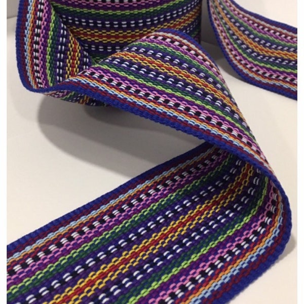 Woven ribbon trim ethnic weaved in Ecuador  Blue accent multicolor 3.35 in wide  price per yard
