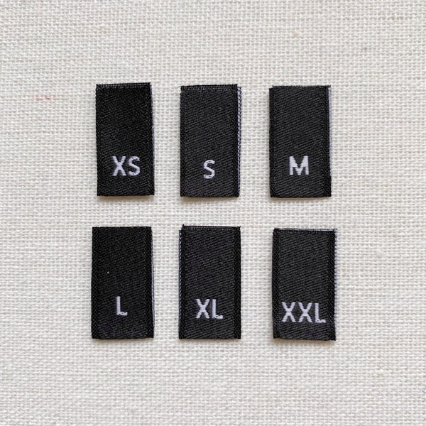 Woven Size Labels - Black with White Letter Sizes XS-XXL | 1 3/4" x 1/2" | Folded Size Labels | High-Quality Fabric Labels | Clothing Tags