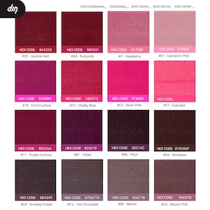 Peut inclure: Un nuancier de 12 teintes diff&eacute;rentes de rose, rouge, violet et marron. Chaque &eacute;chantillon de couleur a un code hexad&eacute;cimal et un nom, tels que #20 - Rouge &agrave; l&egrave;vres, #A8 - Bourgogne, #11 - Framboise, #18 - Fuchsia vif, #10 - Bleu crayeux, #C3 - Rose n&eacute;on, #71 - Fuchsia violet, #87 - Violet, #G9 - Violet fum&eacute;, #F5 - Chocolat chaud, #88 - Mauve et #C4 - Rose mauve.