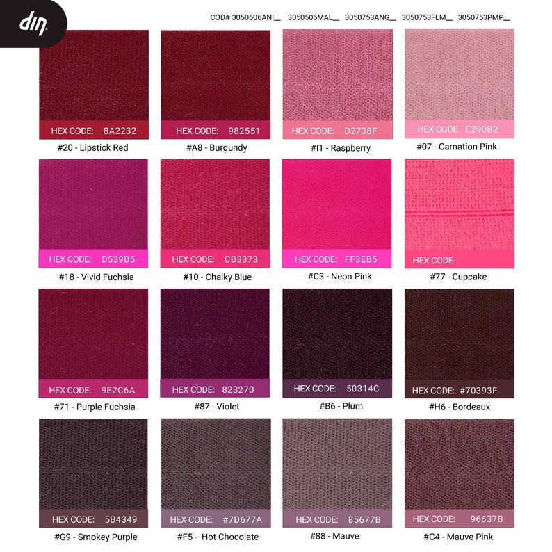 Peut inclure: Un nuancier de 12 teintes diff&eacute;rentes de rose, rouge, violet et marron. Chaque &eacute;chantillon de couleur a un code hexad&eacute;cimal et un nom, tels que #20 - Rouge &agrave; l&egrave;vres, #A8 - Bourgogne, #11 - Framboise, #18 - Fuchsia vif, #10 - Bleu crayeux, #C3 - Rose n&eacute;on, #71 - Fuchsia violet, #87 - Violet, #G9 - Violet fum&eacute;, #F5 - Chocolat chaud, #88 - Mauve et #C4 - Rose mauve.