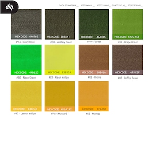Peut inclure: Un nuancier de 12 &eacute;chantillons de tissu diff&eacute;rents. Les &eacute;chantillons sont &eacute;tiquet&eacute;s avec leurs codes hexad&eacute;cimaux et leurs noms, tels que #94 - Olive terne, #GO - Vert militaire, #H9 - For&ecirc;t, #62 - Vert raisin, #B9 - Vert n&eacute;on, #C1 - Jaune n&eacute;on, #G8 - Ocre, #05 - Grain de caf&eacute;, #47 - Jaune citron, #HB - Moutarde, et #G5 - Mangue.