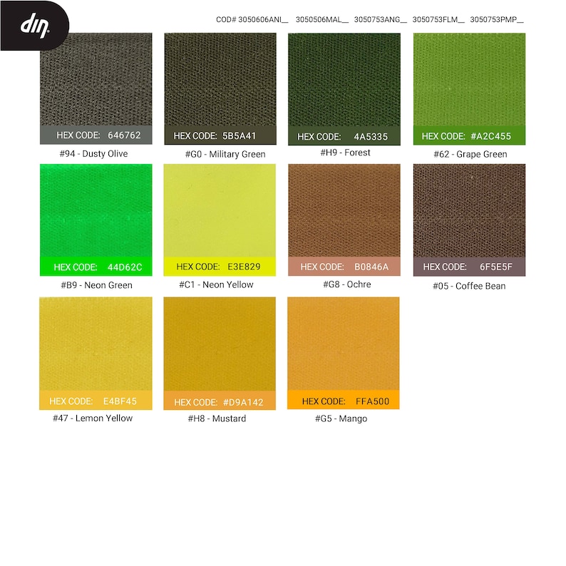 Peut inclure: Un nuancier de 12 &eacute;chantillons de tissu diff&eacute;rents. Les &eacute;chantillons sont &eacute;tiquet&eacute;s avec leurs codes hexad&eacute;cimaux et leurs noms, tels que #94 - Olive terne, #GO - Vert militaire, #H9 - For&ecirc;t, #62 - Vert raisin, #B9 - Vert n&eacute;on, #C1 - Jaune n&eacute;on, #G8 - Ocre, #05 - Grain de caf&eacute;, #47 - Jaune citron, #HB - Moutarde, et #G5 - Mangue.