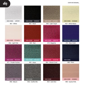 May include: A colour chart with 12 fabric swatches, each with a different colour and a corresponding hex code and description. The colours include white, black, light taupe, white maize, light pink, red, magenta, blue violet, purple fuchsia, aqua, vibrant coral, and paris.