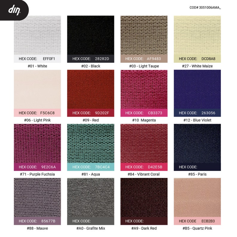 May include: A colour chart with 12 fabric swatches, each with a different colour and a corresponding hex code and description. The colours include white, black, light taupe, white maize, light pink, red, magenta, blue violet, purple fuchsia, aqua, vibrant coral, and paris.