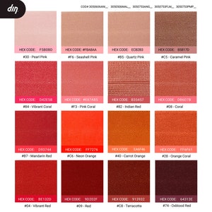 Peut inclure: Un nuancier de 12 teintes diff&eacute;rentes de rose, corail, rouge et orange. Chaque couleur est &eacute;tiquet&eacute;e avec un code hexad&eacute;cimal et un nom descriptif, tels que "Rose Perl&eacute;", "Corail Vibrant" et "Rouge Sang de B&oelig;uf".