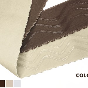 May include: Close-up of a beige and brown elastic trim with a wavy pattern. The trim is available in four colors: black, brown, beige, and white. 4 COLORS