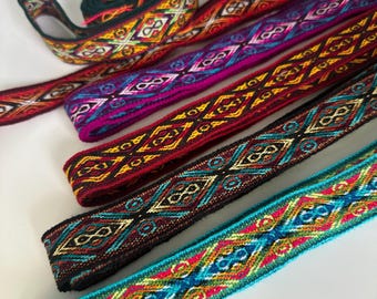 Woven Ribbon Trim 1 Inch Width (3 cm), Sturdy Multicolor Ethnic Trim, Woven in Ecuador,  1.65 yds long Woven Boho Belt, Sash, Bag Strap