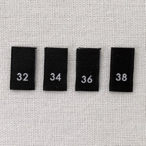 25 Woven Size Labels - Black | Number Sizes | Folded Fabric Labels | Size Tags for clothing apparel 32-34-36-38