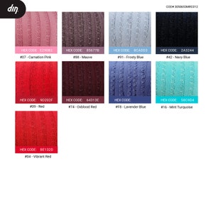 May include: A chart showing 10 different colors of elastic with their corresponding hex codes and names. The colors are carnation pink, mauve, frosty blue, navy blue, red, oxblood red, vibrant red, lavender blue, mint turquoise.