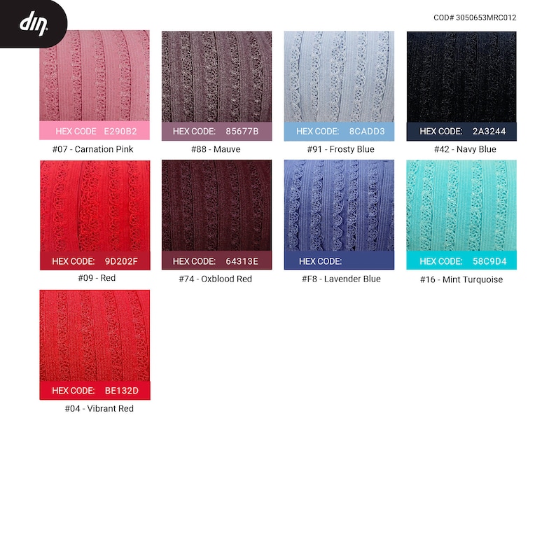 May include: A chart showing 10 different colors of elastic with their corresponding hex codes and names. The colors are carnation pink, mauve, frosty blue, navy blue, red, oxblood red, vibrant red, lavender blue, mint turquoise.