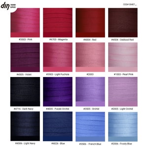 May include: A color chart of 16 different shades of ribbon. The colors are arranged in four rows of four. The colors are: pink, magenta, red, oxblood red, violet, light fuchsia, pearl pink, dark navy, purple orchid, orchid, light orchid, light navy, blue, French blue, and frosty blue.