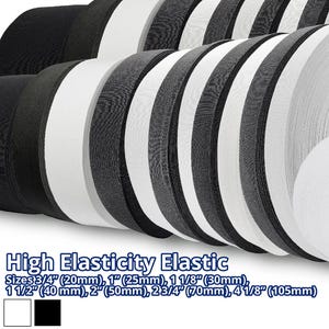 Heavy Stretch Elastic Band 50Y Various Sizes, High Elasticity Knit Elastic Tape, Flat Sewing Elastic Trim, White/Black | Wholesale Elastic