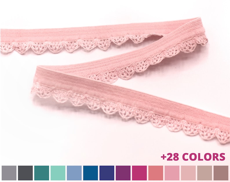May include: Pink elastic trim with a scalloped lace edge. +28 COLORS