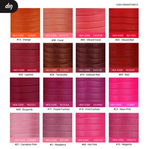 May include: A color chart with 12 different shades of red, pink, and orange lipstick. Each color swatch is labeled with a hex code and a descriptive name, such as "Orange", "Coral", "Lipstick", "Terracotta", "Oxblood Red", "Red", "Purple Fuchsia", "Vivid Fuchsia", "Neon Pink", "Carnation Pink", "Raspberry", "Hot Pink", and "Magenta".
