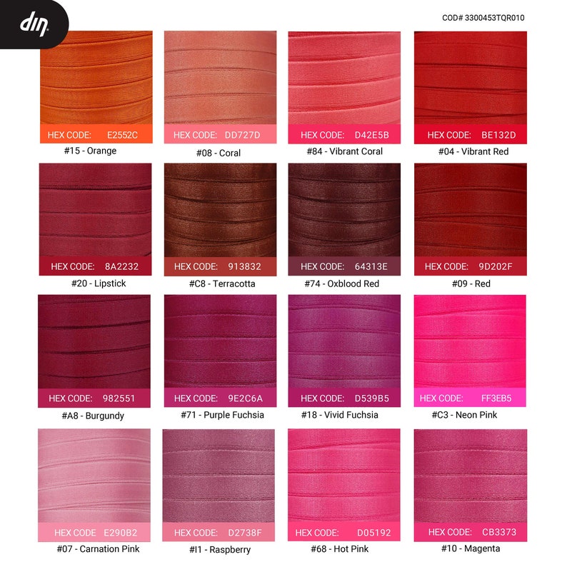 May include: A color chart with 12 different shades of red, pink, and orange lipstick. Each color swatch is labeled with a hex code and a descriptive name, such as "Orange", "Coral", "Lipstick", "Terracotta", "Oxblood Red", "Red", "Purple Fuchsia", "Vivid Fuchsia", "Neon Pink", "Carnation Pink", "Raspberry", "Hot Pink", and "Magenta".
