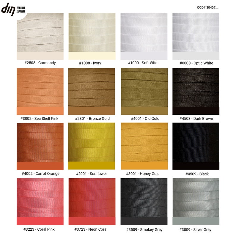 May include: A color chart of 16 different colors of ribbon. The colors are: Carmandy, Ivory, Soft White, Optic White, Sea Shell Pink, Bronze Gold, Old Gold, Dark Brown, Carrot Orange, Sunflower, Honey Gold, Black, Coral Pink, Neon Coral, Smokey Grey, and Silver Grey.