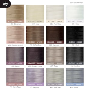 May include: A color chart with 12 different shades of fabric. The colors include cinnamon, ivory, pearl white, white, toasted almond, coffee bean, espresso, black, mauve, smokey purple, taupe, iron grey, warm taupe, lavender, silver grey, and smoke.
