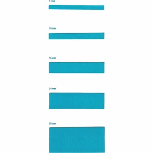 May include: Five turquoise blue fabric strips of varying widths, labeled with their measurements in millimeters: 7 mm, 10 mm, 16 mm, 24 mm, and 38 mm.