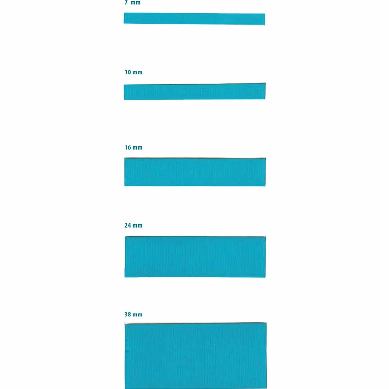 May include: Five turquoise blue fabric strips of varying widths, labeled with their measurements in millimeters: 7 mm, 10 mm, 16 mm, 24 mm, and 38 mm.