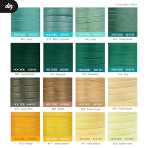 May include: A color chart with 12 different shades of green, brown, yellow, and orange. Each color swatch has a hex code and a name, such as "Aqua", "Mint Turquoise", "Forest Green", "Dusty Olive", "Mango", and "Lemon Yellow".
