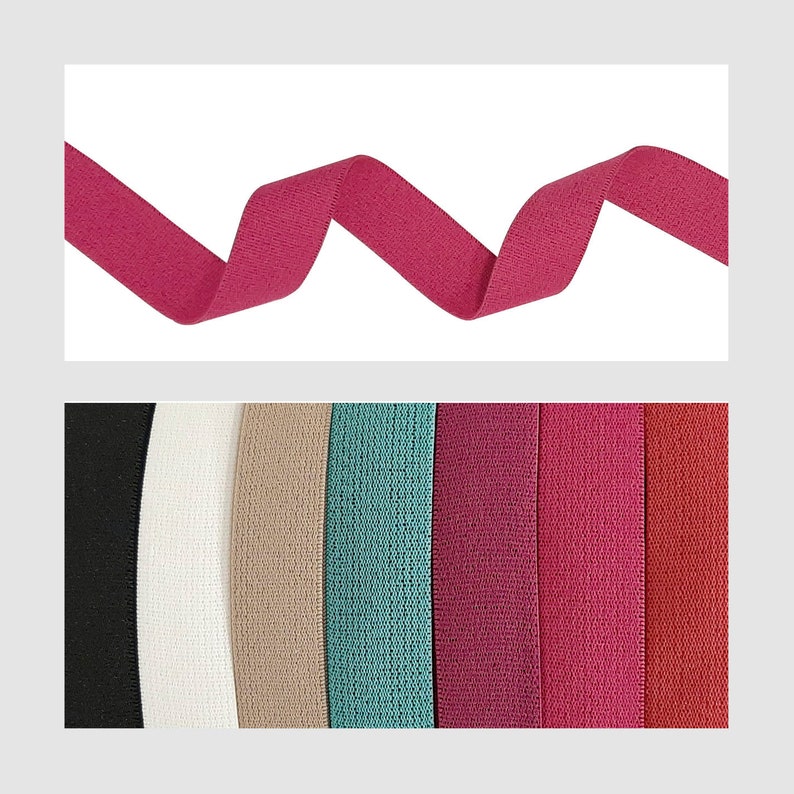 May include: A close-up of a selection of elastic bands in various colours, including black, white, beige, teal, pink and red. The bands are all approximately 2.5 cm wide and have a textured surface.