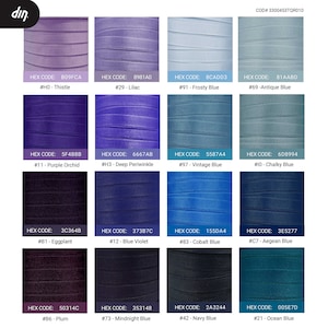 May include: A color chart with 12 different shades of blue, purple, and black. Each color swatch has a hex code and a number designation. The colors are arranged in a grid of four rows and three columns.