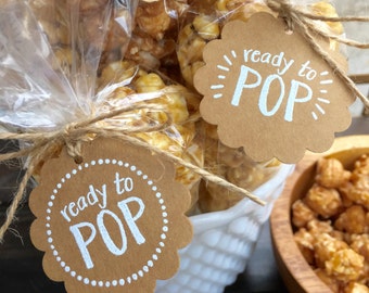 Set of 10 Handmade Ready to POP Gift Tags + Bags Kit-Hand Embossed-Baby Shower Favor Tag-Gender Reveal Party-Kraft-Twine-Popcorn Bag Favor