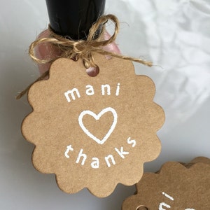Lot de 10 vernis à ongles faits main Mani Thanks, étiquette cadeau manucure cadeau de naissance, étiquette vernis à ongles, douche nuptiale, fête spa, étiquette de remerciement