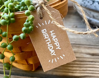 Handmade HAPPY BIRTHDAY Tags-Hand Embossed Gift Tag-Twine-Kraft Hang Tag-Set of 5