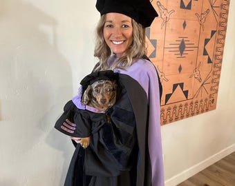 Pet Graduation Cap and Gown with Hood;  Velvet Sleeve Stripes, Custom Tassel